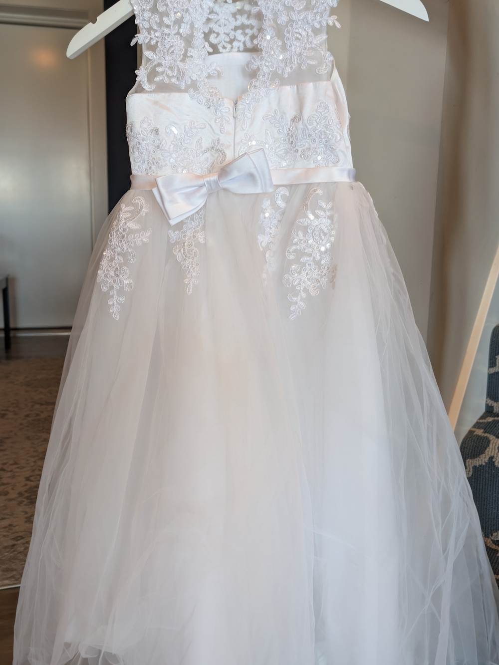 White Lace and Tulle Flower Girl Dress with Satin Bow